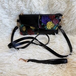 Floral Embroidered Black Crossbody Bag